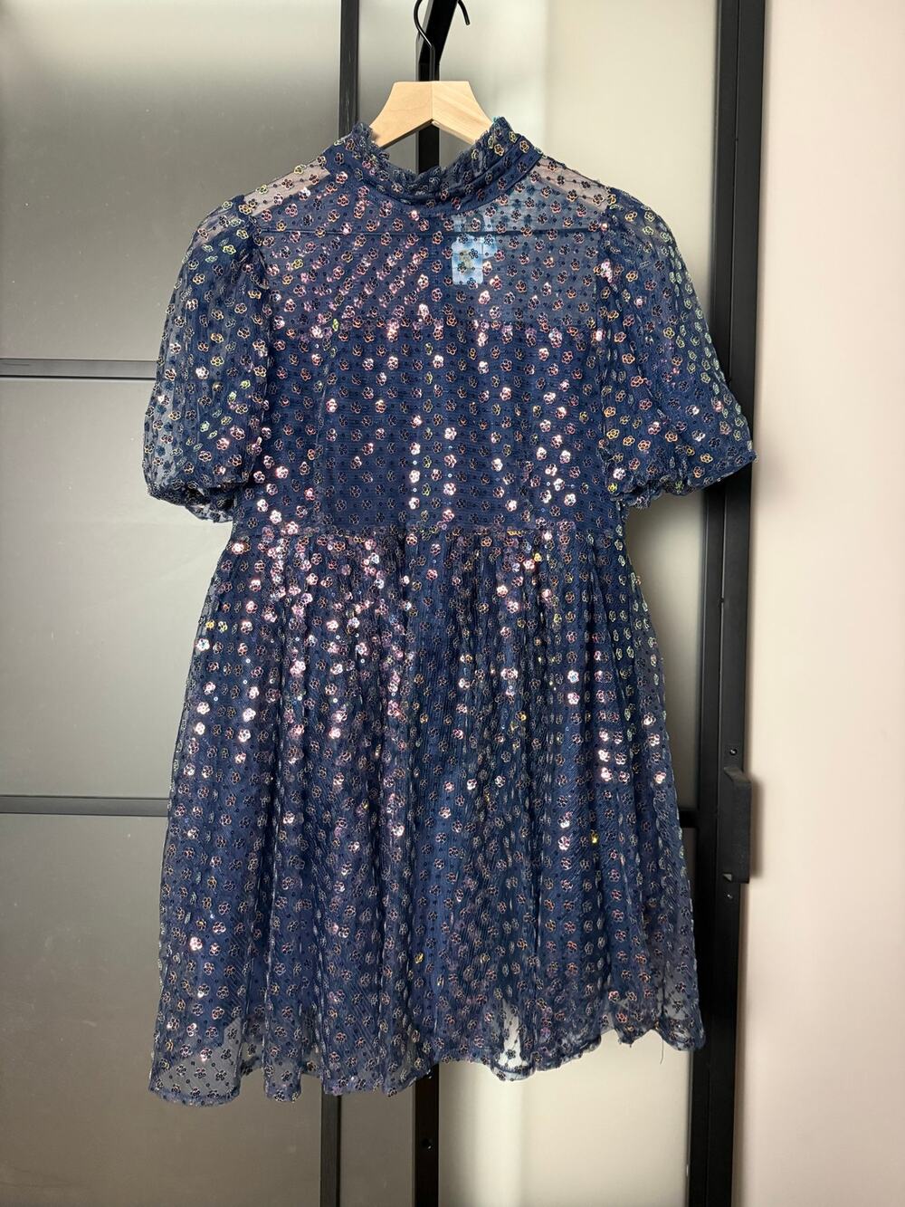 NWT Queen of Sparkles Navy Sequin Flower Dress Size Medium